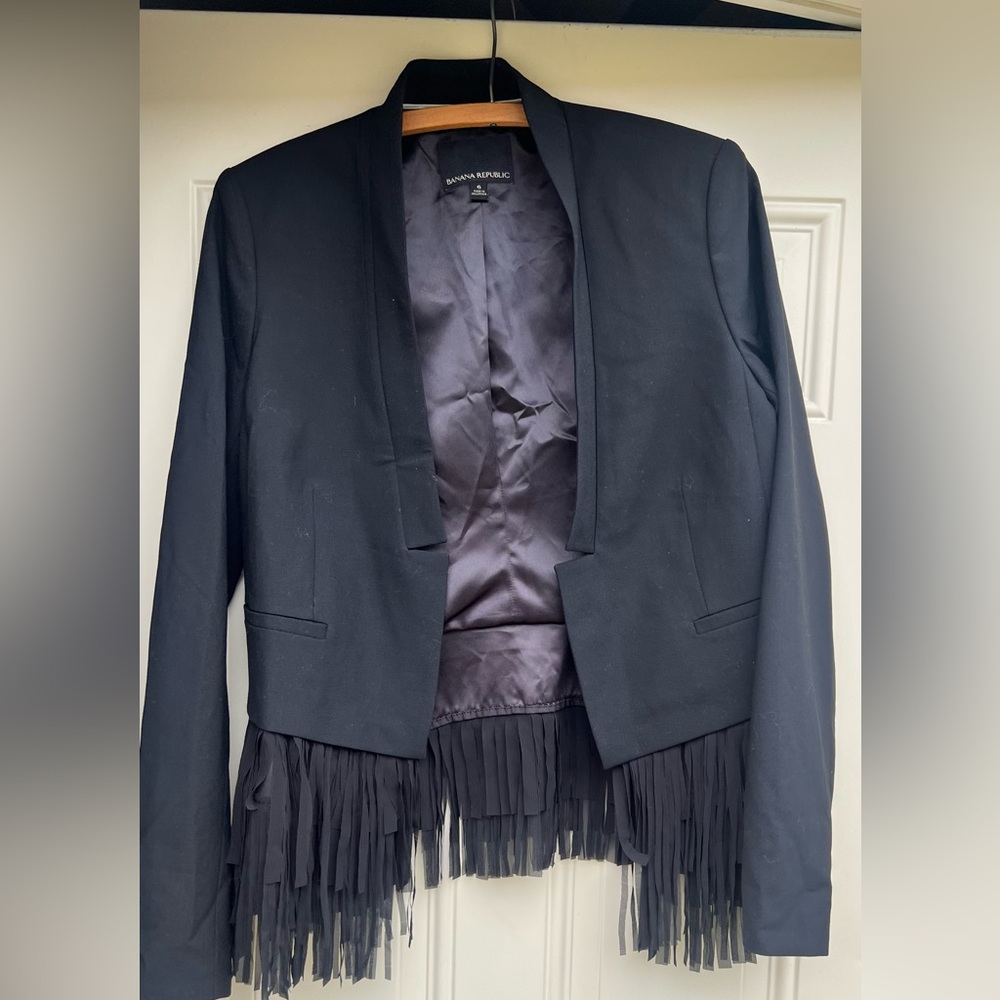 Banana Republic Fringe Trim Blazer Black Wool Spandex Blend Fitted | Size 6
